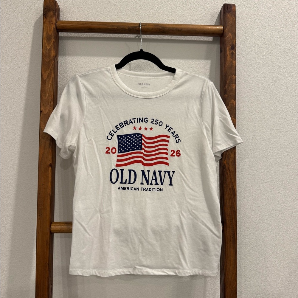 Old Navy White Tee with Red and Navy Flag Graphic